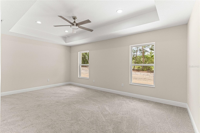 empty room featuring ceiling fan, carpet, a raised ceiling, and a healthy amount of sunlight