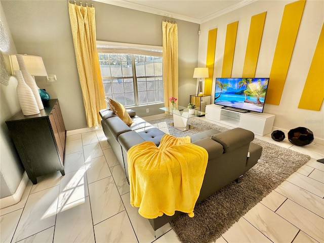 tiled living room with crown molding