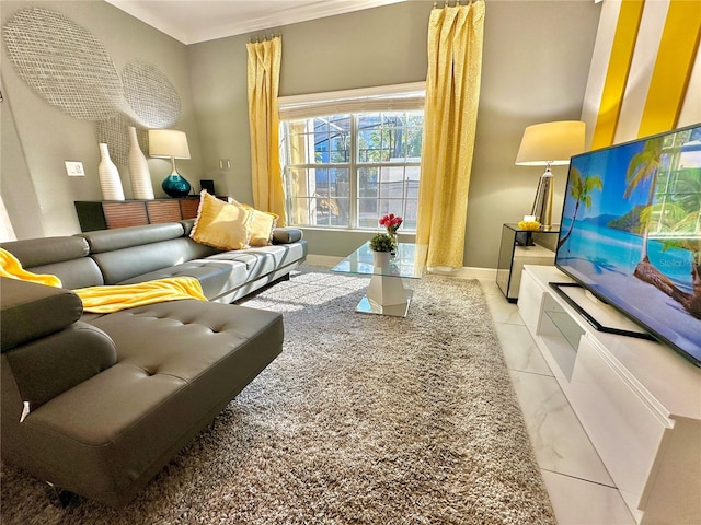 tiled living room featuring ornamental molding