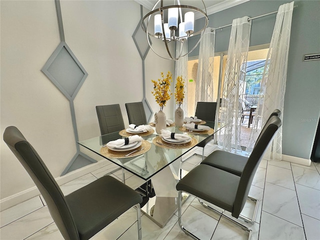 dining room featuring a chandelier, light tile patterned floors, and ornamental molding