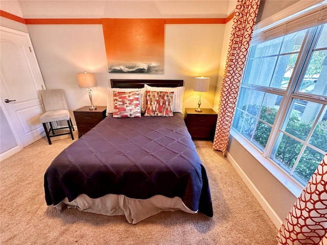 bedroom featuring multiple windows and light colored carpet