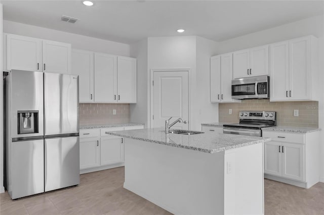 kitchen featuring stainless steel appliances, sink, and white cabinetry