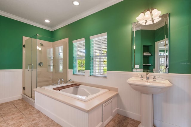 bathroom with crown molding, tile patterned floors, and independent shower and bath