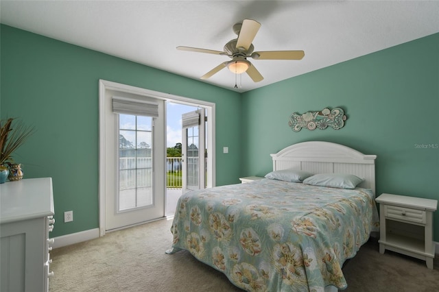 carpeted bedroom featuring ceiling fan and access to outside