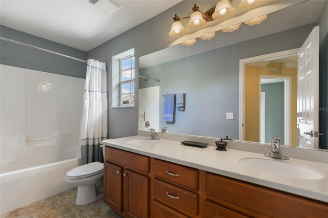 full bathroom with vanity, shower / bath combination with curtain, and toilet