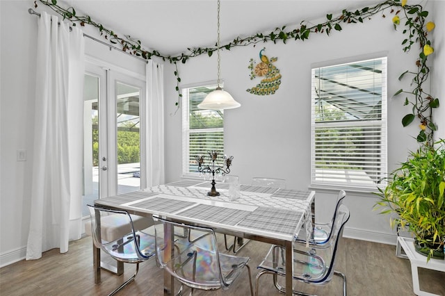 dining room featuring wood-type flooring, plenty of natural light, and french doors