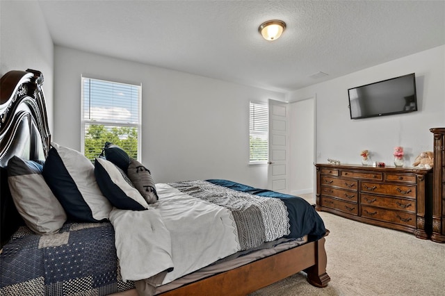 bedroom with a textured ceiling and carpet flooring