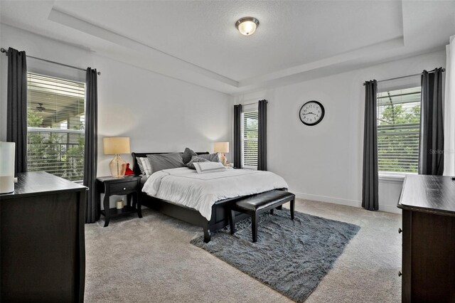 bedroom featuring a textured ceiling, light colored carpet, and a tray ceiling