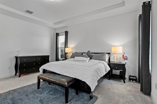 carpeted bedroom featuring a raised ceiling