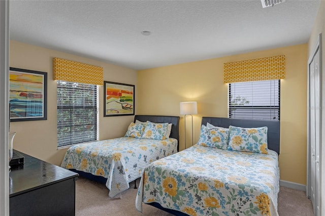 carpeted bedroom with a textured ceiling, a closet, and multiple windows