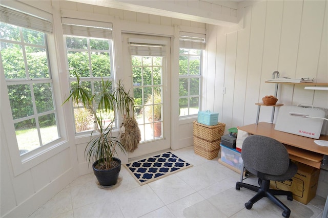 tiled office with wood walls and plenty of natural light