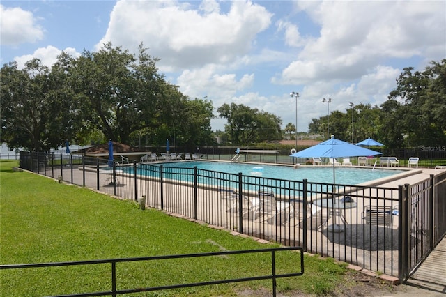 view of pool featuring a yard