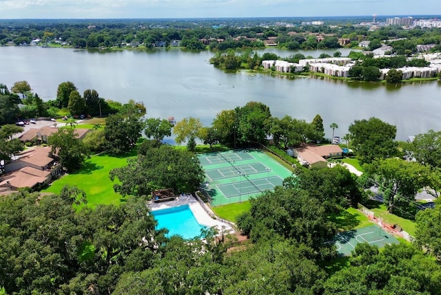 bird's eye view with a water view