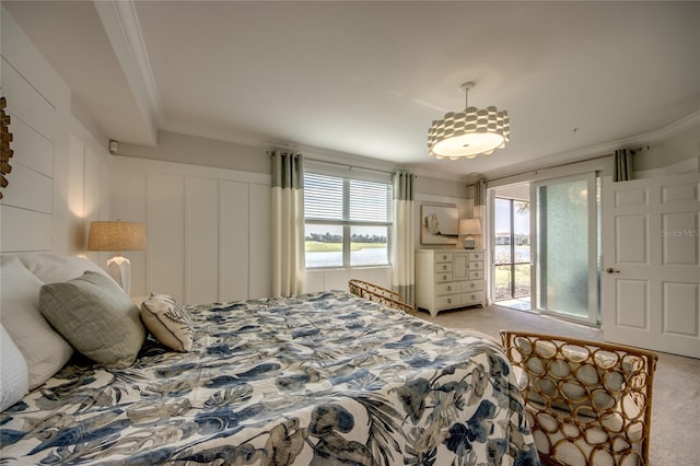 carpeted bedroom featuring ornamental molding