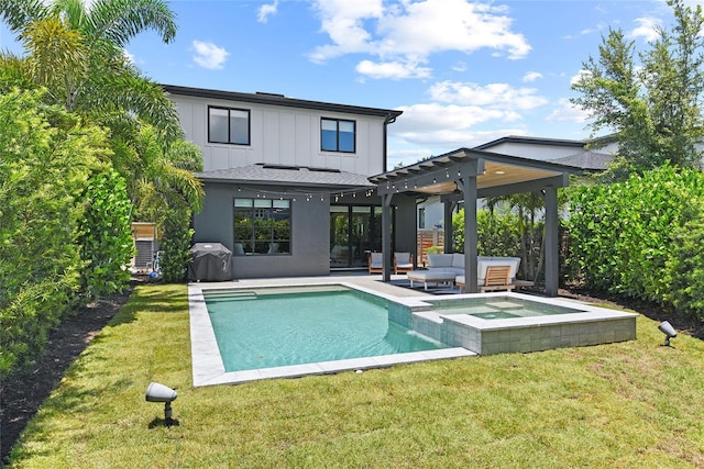 rear view of property featuring an outdoor living space, a patio area, a lawn, a pergola, and a swimming pool with hot tub