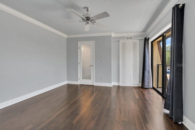 unfurnished bedroom featuring crown molding, ceiling fan, dark hardwood / wood-style flooring, and a closet