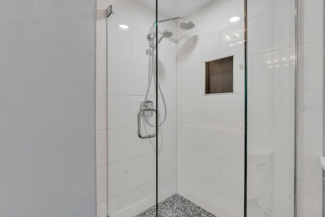 bathroom with a shower with shower door