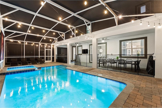 view of pool featuring ceiling fan