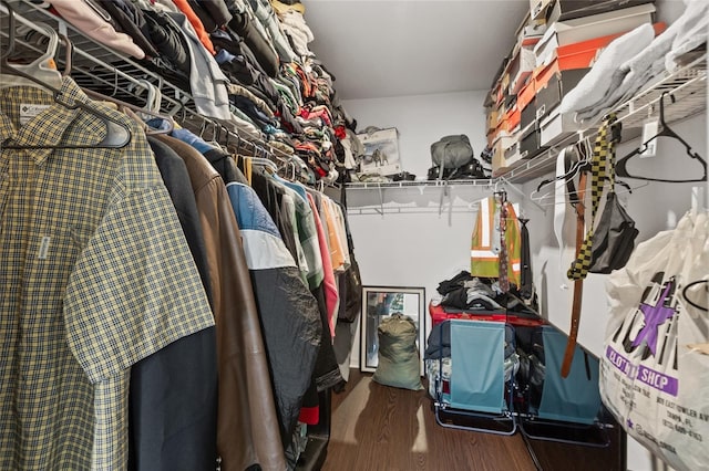 spacious closet with dark hardwood / wood-style flooring