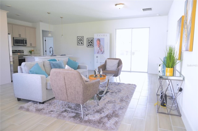 living room featuring sink