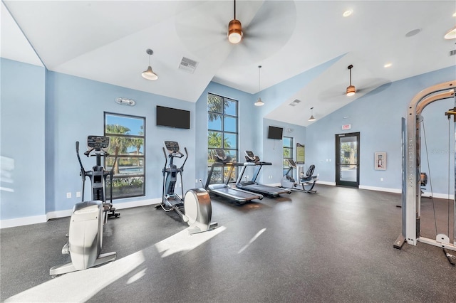 workout area with visible vents, baseboards, and a ceiling fan