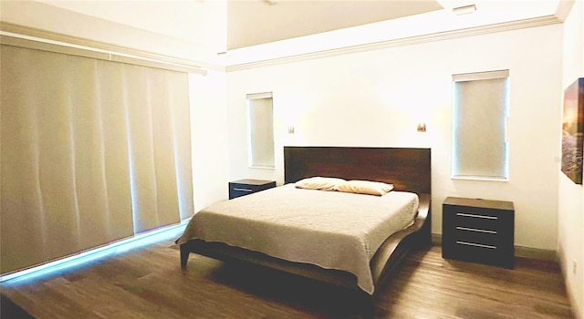 bedroom featuring a high ceiling and dark hardwood / wood-style flooring