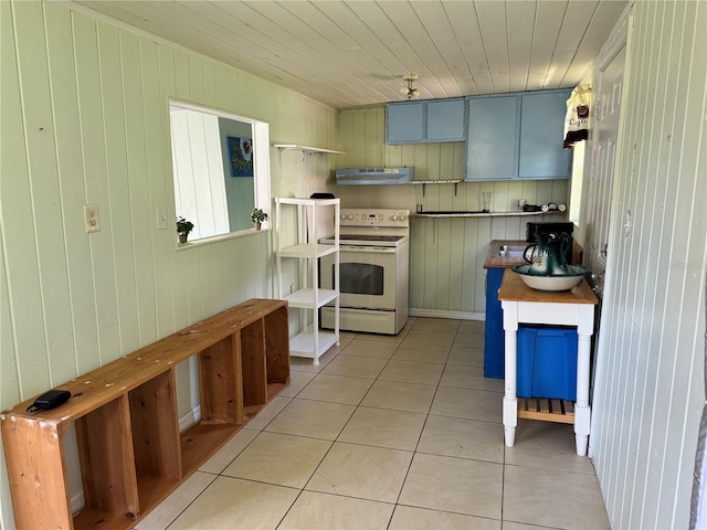 kitchen with wooden ceiling, blue cabinets, extractor fan, electric stove, and light tile patterned flooring