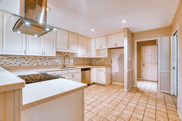 kitchen with island range hood, sink, white cabinets, stainless steel dishwasher, and light tile patterned floors