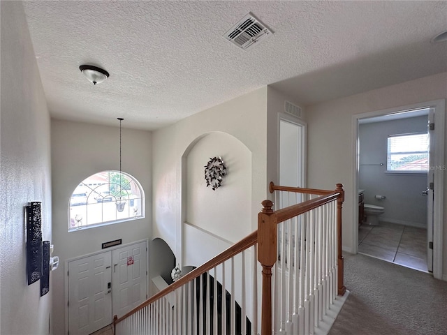 corridor with a wealth of natural light, carpet floors, and a textured ceiling