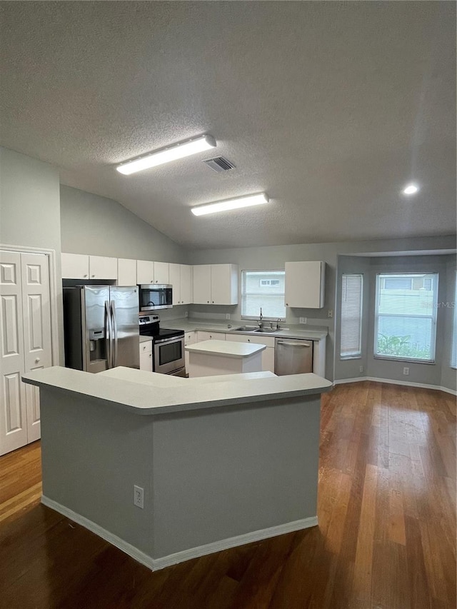 kitchen featuring appliances with stainless steel finishes, vaulted ceiling, a center island, and plenty of natural light