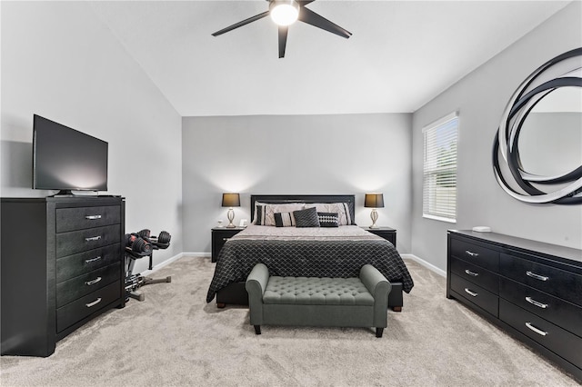 bedroom with light colored carpet and ceiling fan