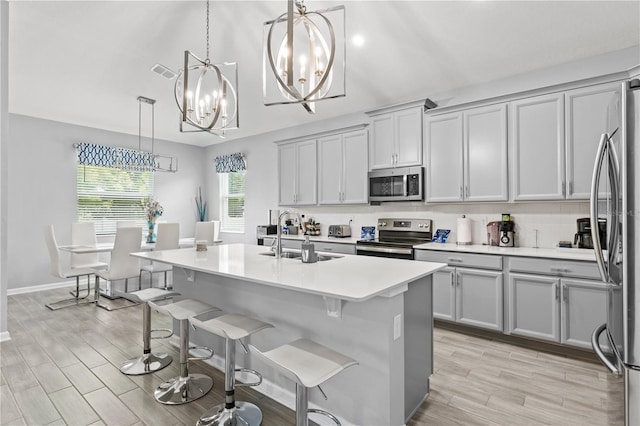 kitchen featuring a kitchen island with sink, stainless steel appliances, pendant lighting, sink, and gray cabinetry