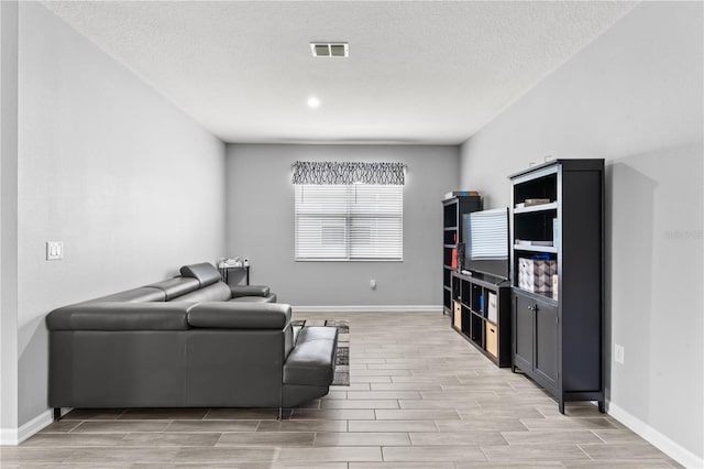 living room featuring a textured ceiling