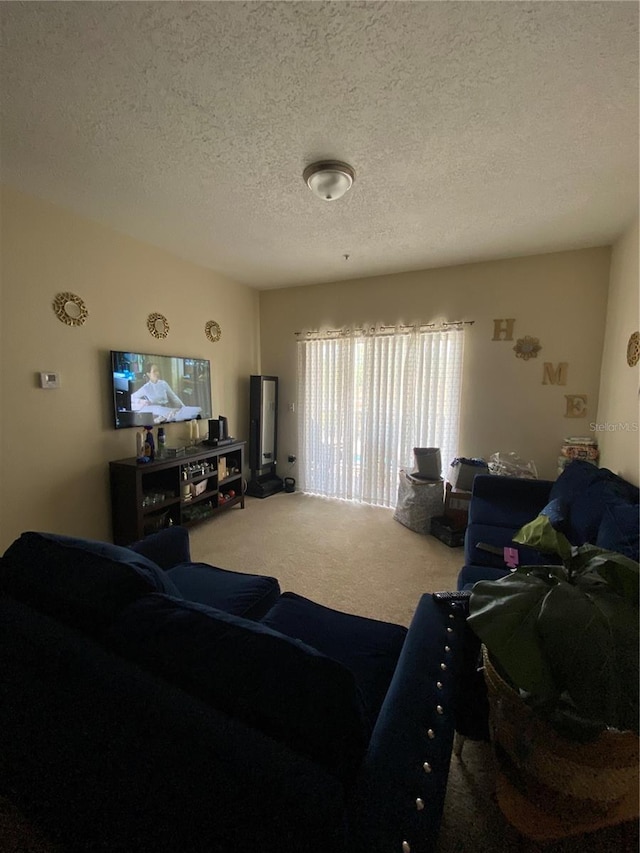 living room with a textured ceiling and carpet floors