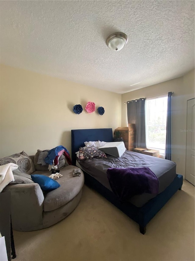 carpeted bedroom with a textured ceiling