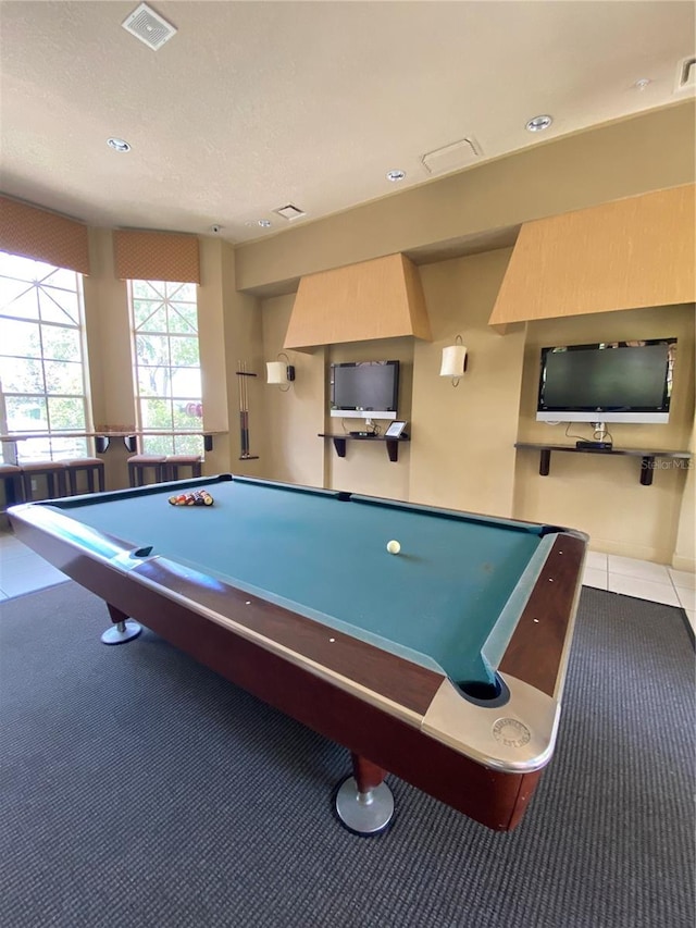 rec room featuring pool table and light carpet