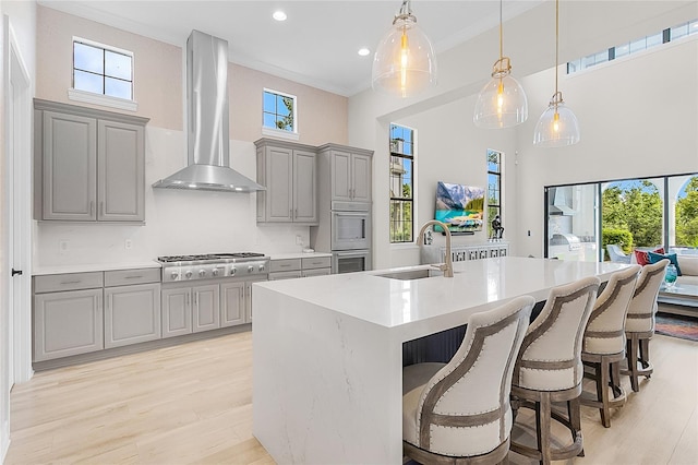 kitchen featuring light wood-type flooring, stainless steel appliances, sink, a towering ceiling, and wall chimney exhaust hood