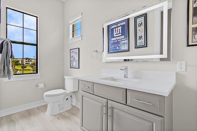 bathroom with vanity, toilet, plenty of natural light, and wood-type flooring