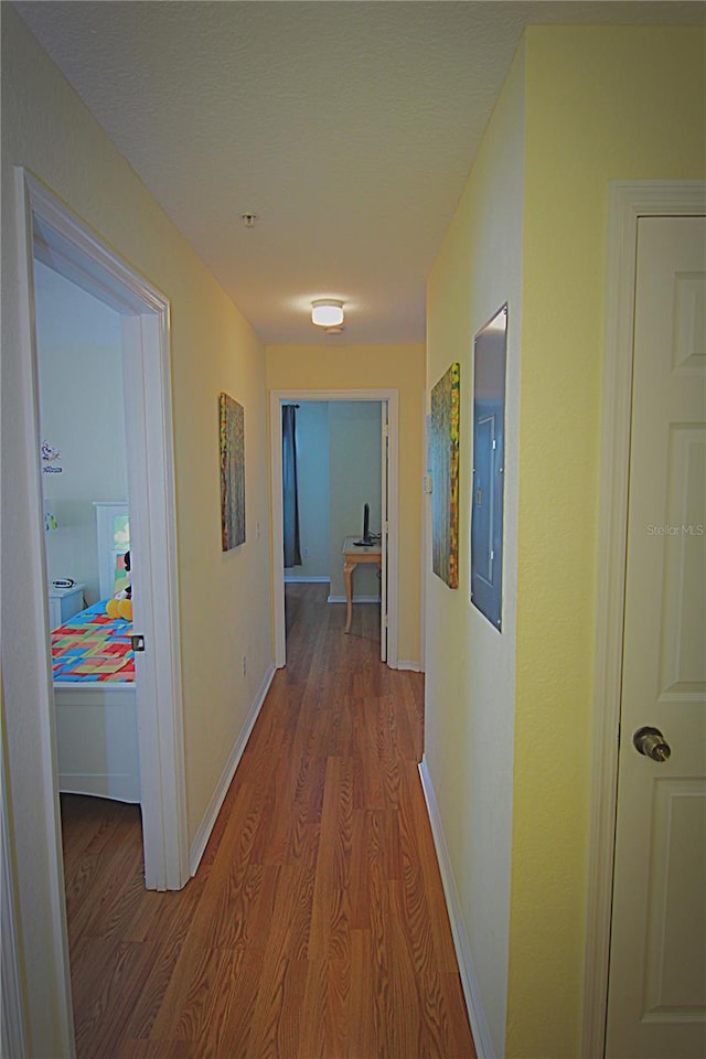 corridor with hardwood / wood-style flooring and electric panel