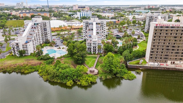 drone / aerial view with a water view