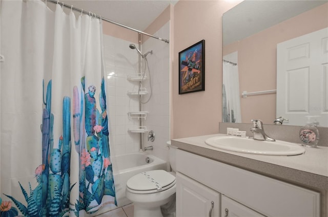 full bathroom with vanity, toilet, shower / bath combo, and tile patterned flooring