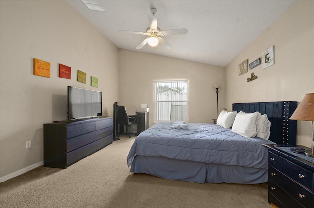 carpeted bedroom featuring lofted ceiling and ceiling fan