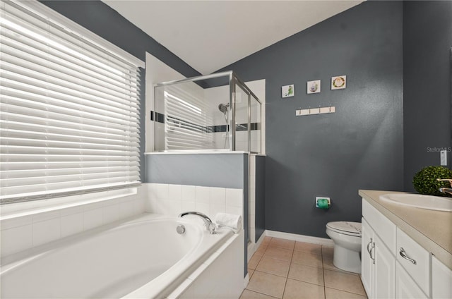 full bathroom with shower with separate bathtub, vanity, tile patterned flooring, and toilet