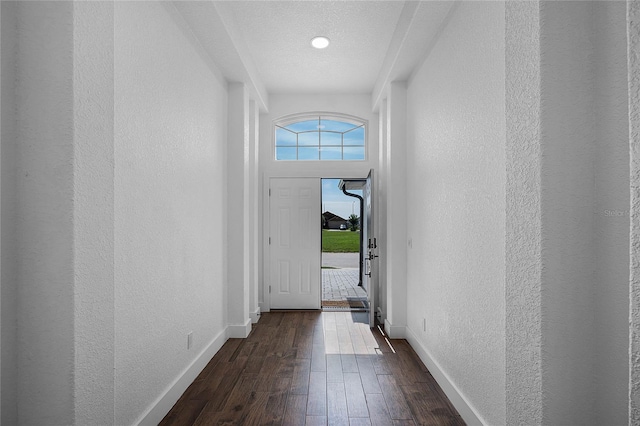 interior space featuring dark hardwood / wood-style floors and a textured ceiling