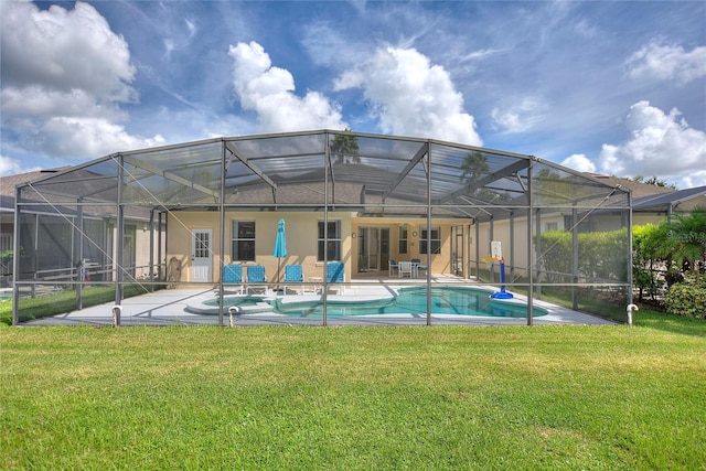 view of swimming pool with a yard and a patio area