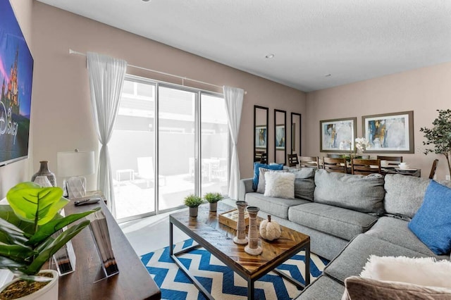 living room featuring a textured ceiling