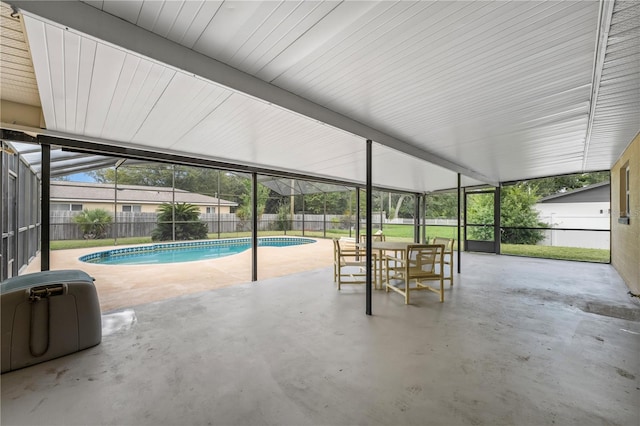 view of pool featuring a lanai, a patio area, a fenced backyard, and a fenced in pool