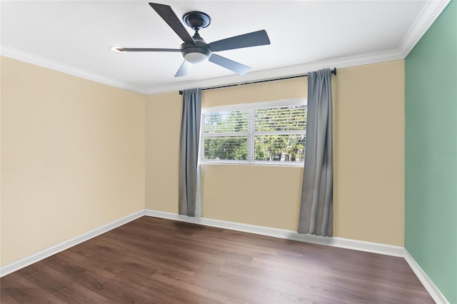 unfurnished room with ornamental molding, ceiling fan, and hardwood / wood-style floors