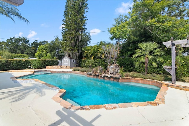 view of pool with a storage unit and a patio