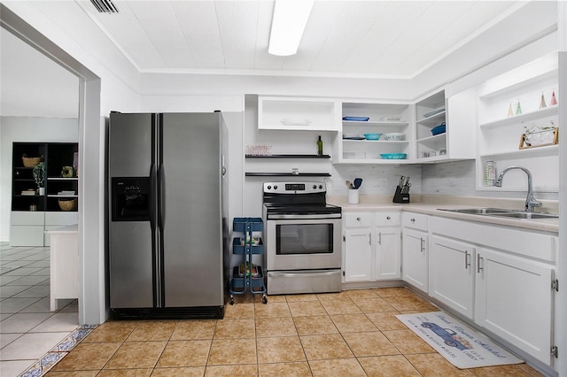 kitchen featuring sink, appliances with stainless steel finishes, white cabinetry, and light tile patterned floors